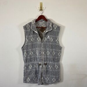 Womens Fleece Vest Gray White Snowflake Print Full Zip L/G cinched waist Winter‎